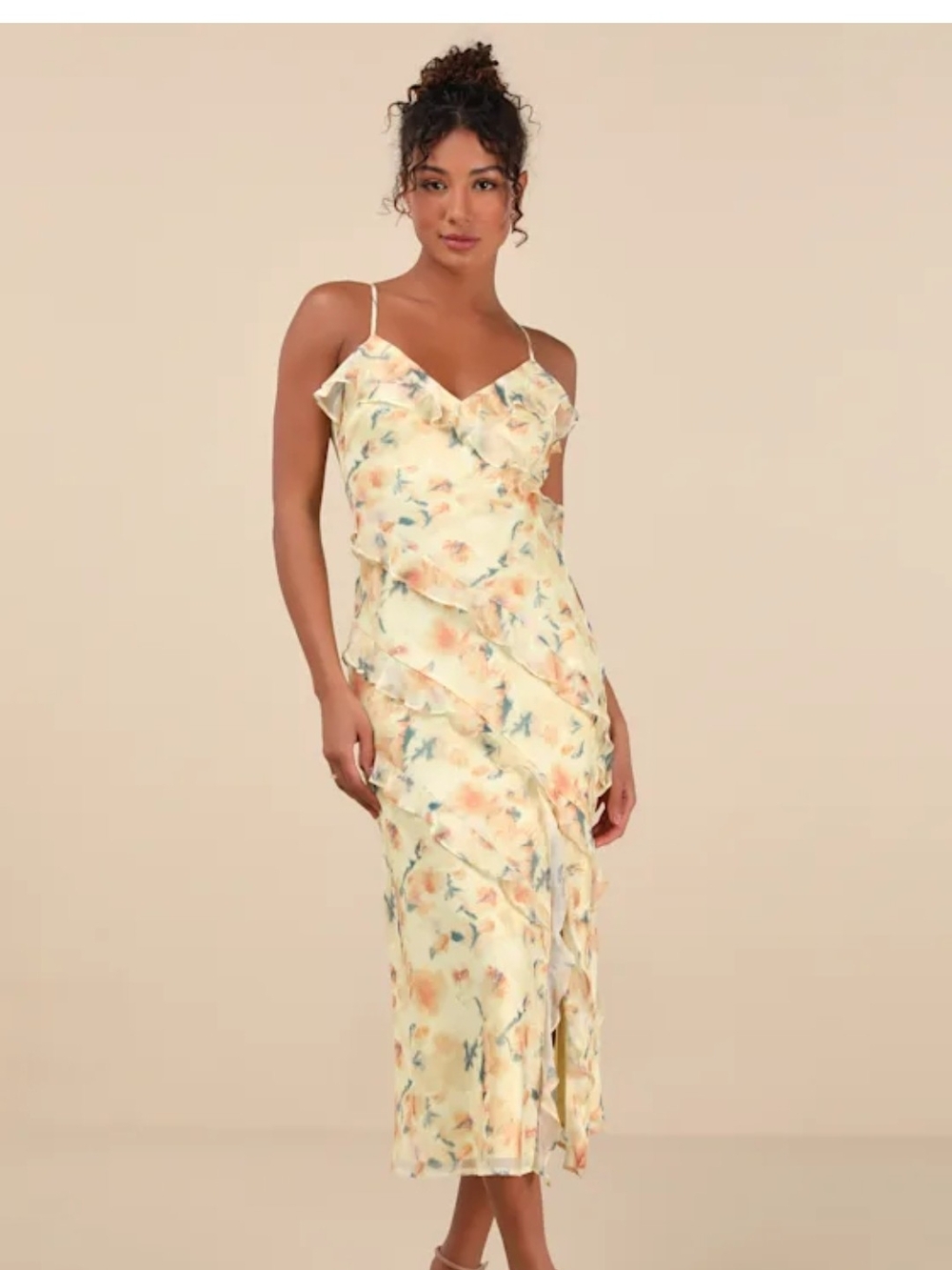 Lulus Floral Ruffle Slip Dress in Pale Yellow